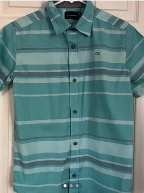 Calvin Klein Teal and Light Teal Striped Short-Sleeve Button-Up Shirt